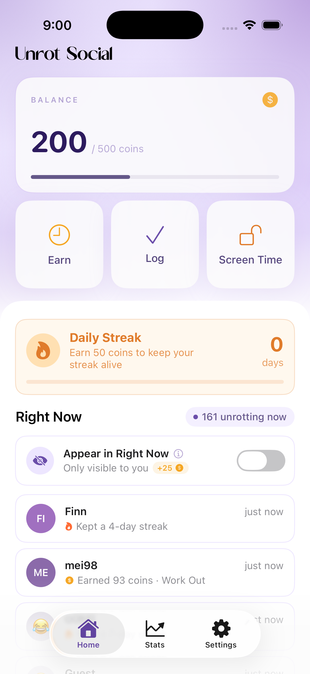 Unrot Social home screen