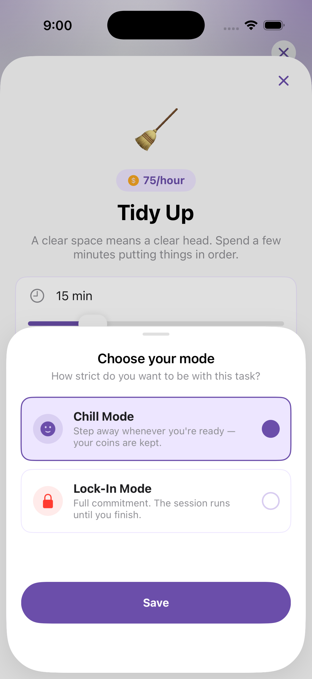 Choose your mode screen