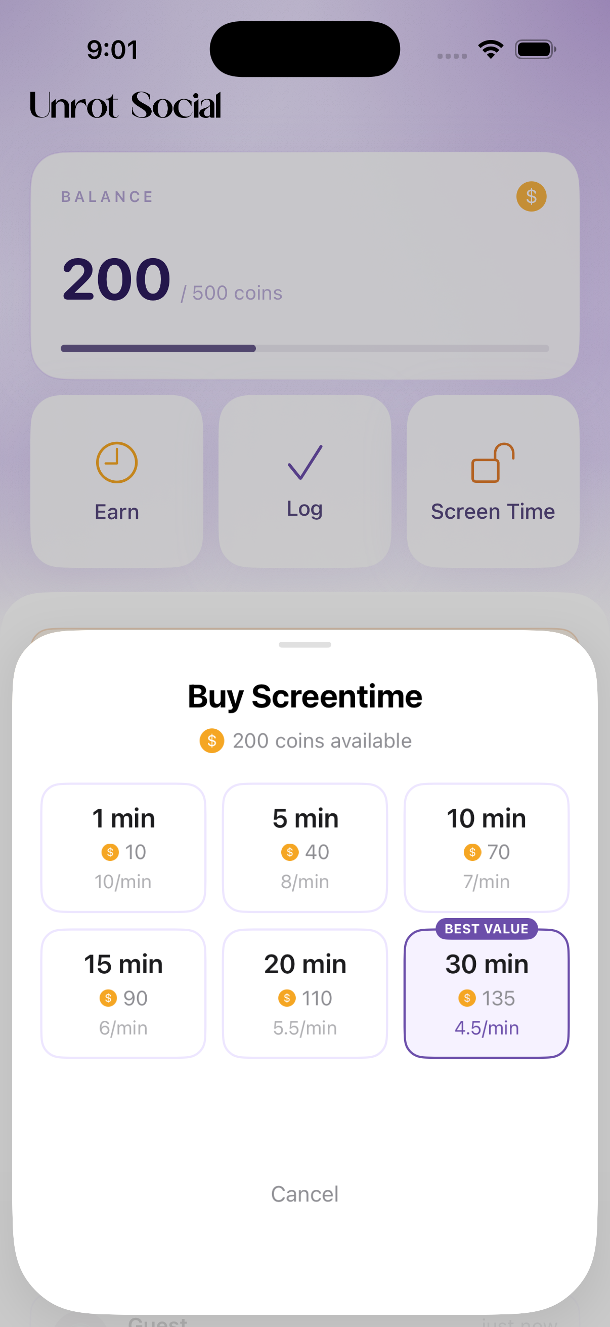 Buy screen time screen